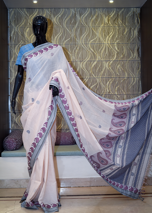 Pure Cotton Saree With All Over Stripe And Thread Work Weaving