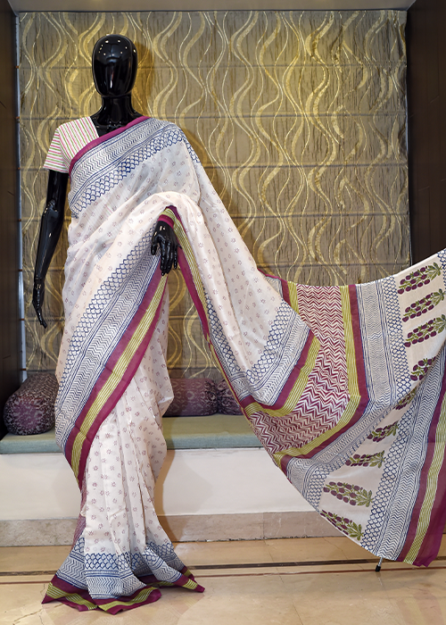 Pure Cotton Silk Saree With Hand Block Print