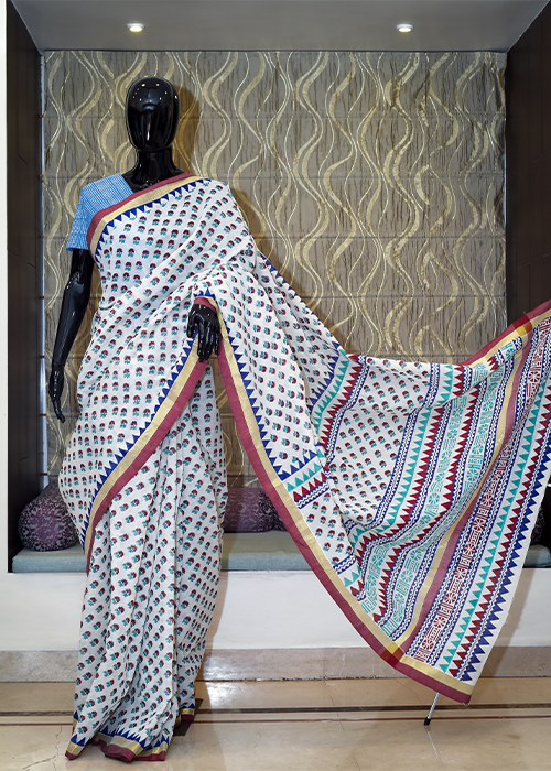 Pure Cotton Tant Saree With Zari Border And Hand Block Print