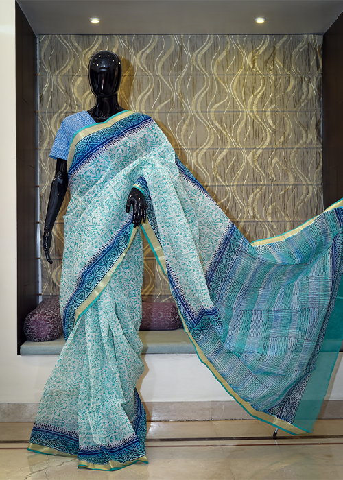 Pure Cotton Tant Saree With Zari Border And Hand Block Print