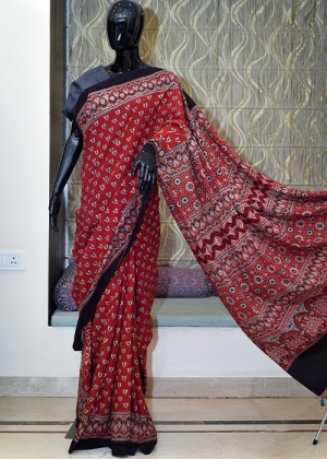Pure Cotton Ajhrak Saree Block Print With Vegetable Colour