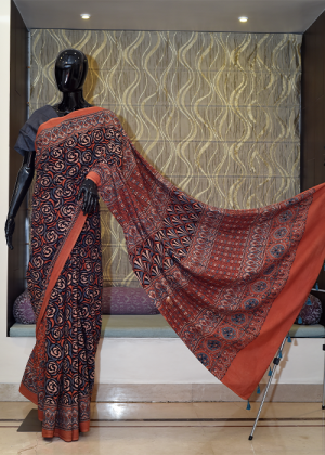 Pure Cotton Ajhrak Saree Block Print With Vegetable Colour