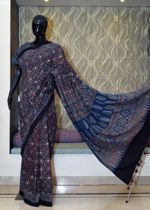 Pure Cotton Ajhrak Saree Block Print With Vegetable Colour
