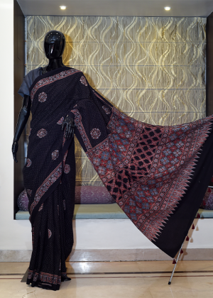 Pure Cotton Ajhrak Saree Block Print With Vegetable Colour