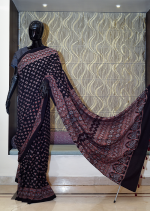 Pure Cotton Ajhrak Saree Block Print With Vegetable Colour