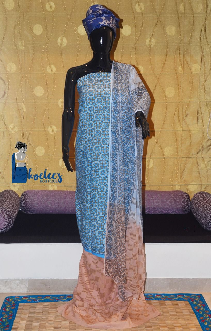 Pure Cotton Salwer Suit Pieces with Bagru Print and Chiffon Dupatta
