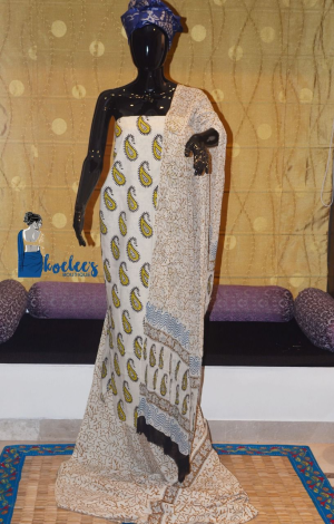 Pure Cotton Salwer Suit Pieces with Bagru Print and Chiffon Dupatta