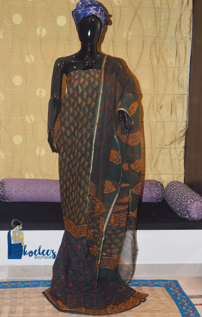 Pure Cotton Salwer Suit Pieces With Bagru Print Kota Kamiz And Dupatta