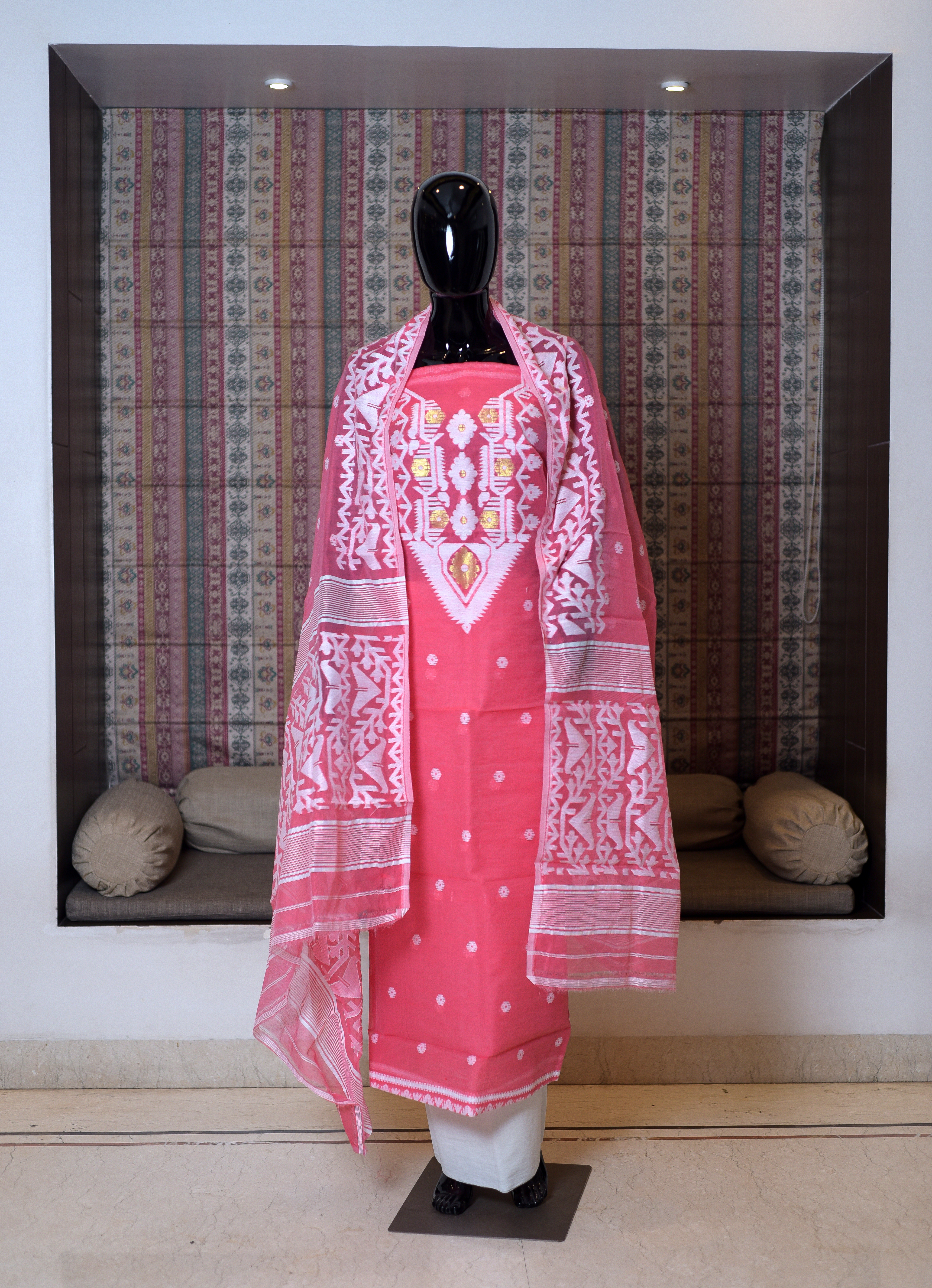 Pure Hand Woven Cotton Salwer Suit Piece Set Of -3 Dhakai Work Weaving