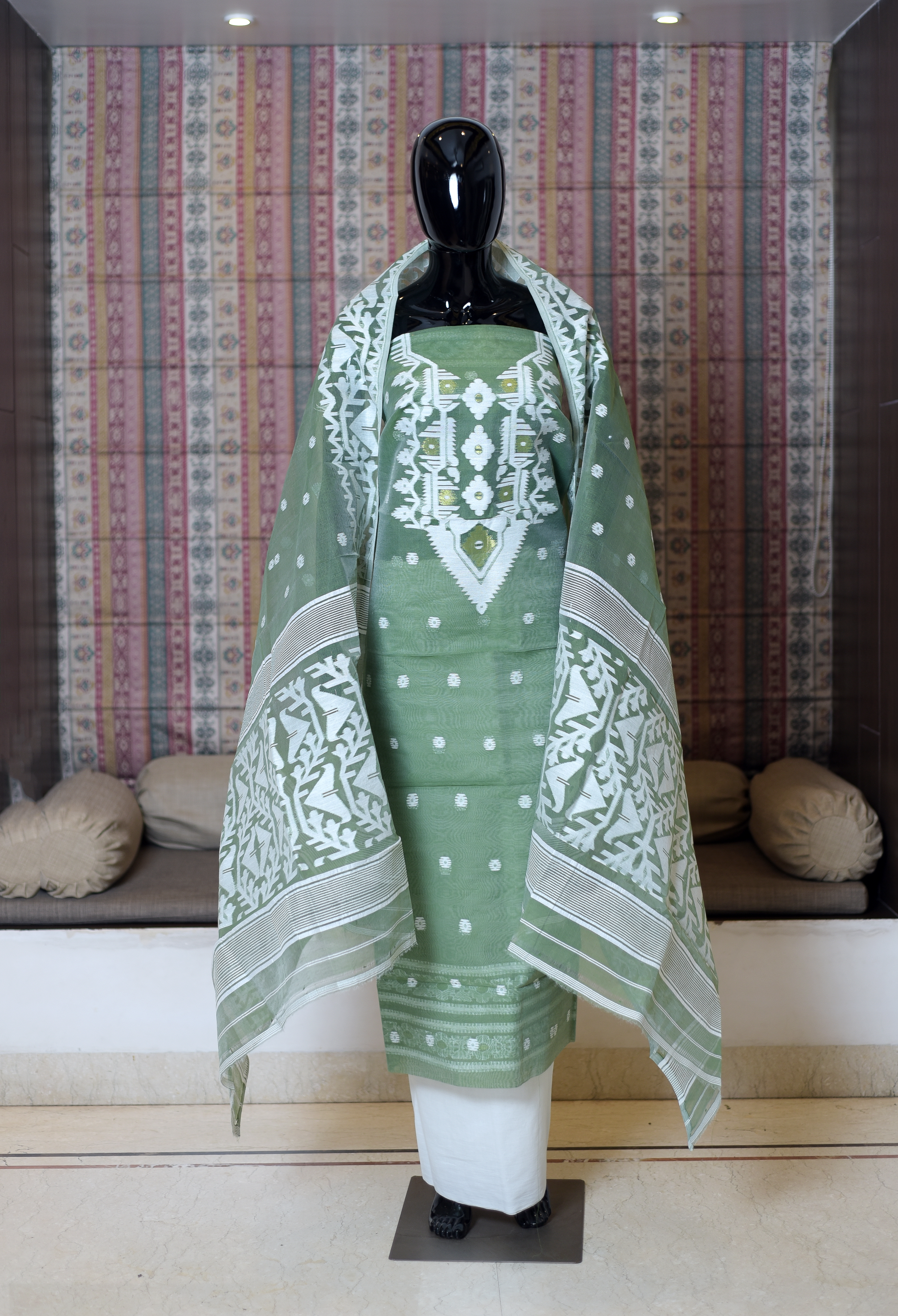 Pure Hand Woven Cotton Salwer Suit Piece Set Of -3 Dhakai Work Weaving