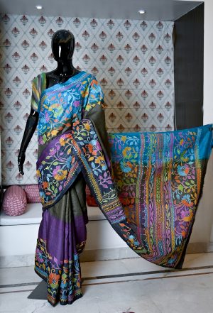 Pure Tasser Silk Hand Woven Saree with Shaded Colour and All Over Heavy Khanta Work