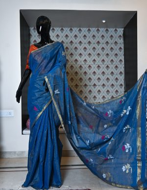 Pure Hand Woven Tissue Linen Saree with Jamdani Work Weaving
