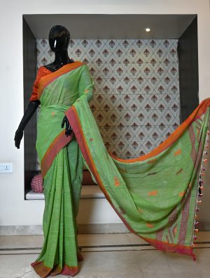 Pure Hand Woven Cotton Linen Saree with Border and all over Jamdani Work Weaving
