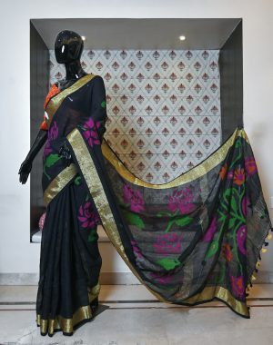 Pure Hand Woven Cotton Linen Saree With Jamdani Work
