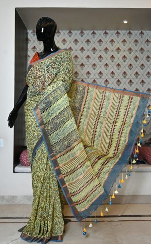 Pure Hand Woven Linen Saree With Zari Border And Hand Block Print
