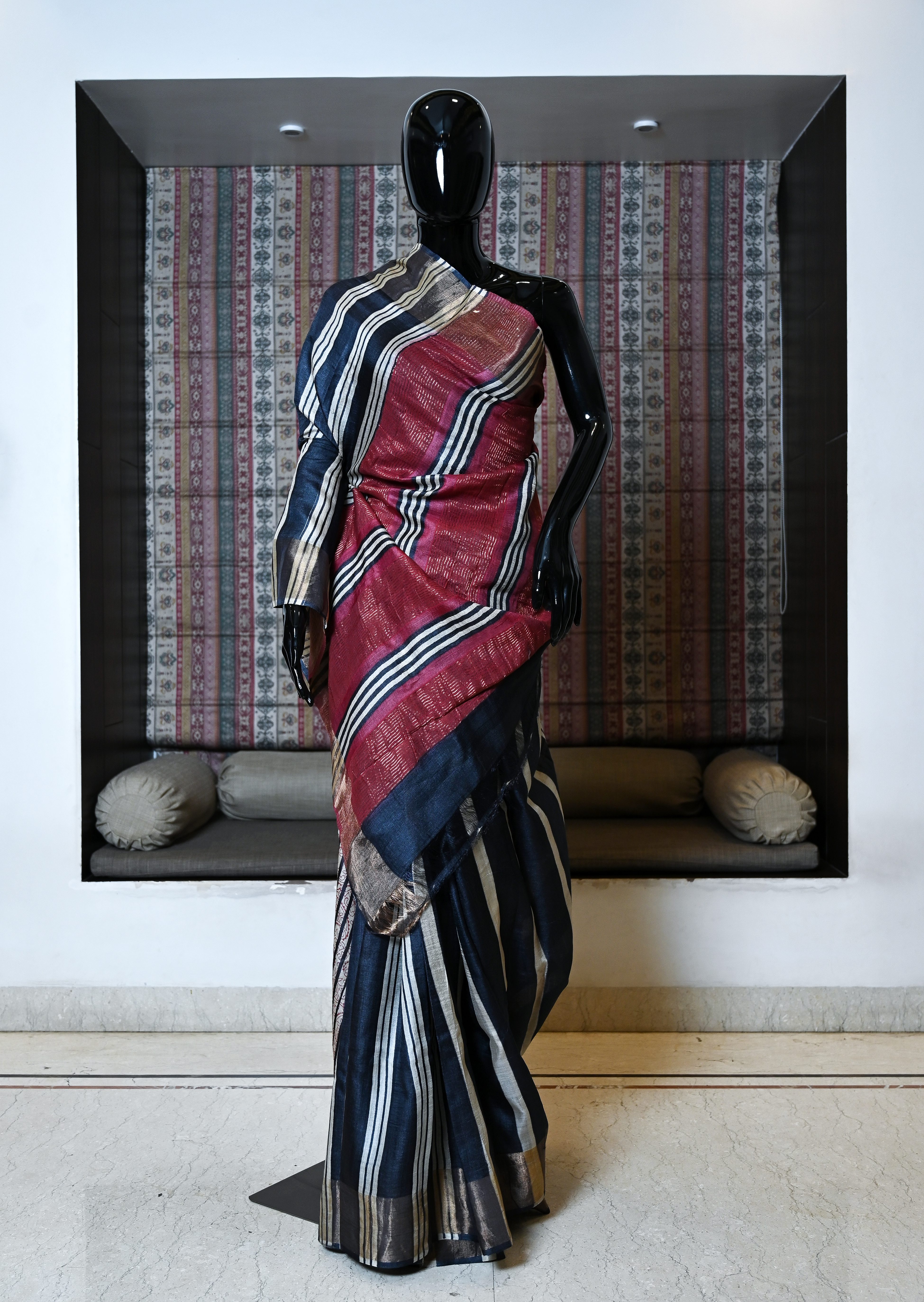 Pure Hand Woven Tasser Saree With Zari Border And Hand Painted And Hand Block Print