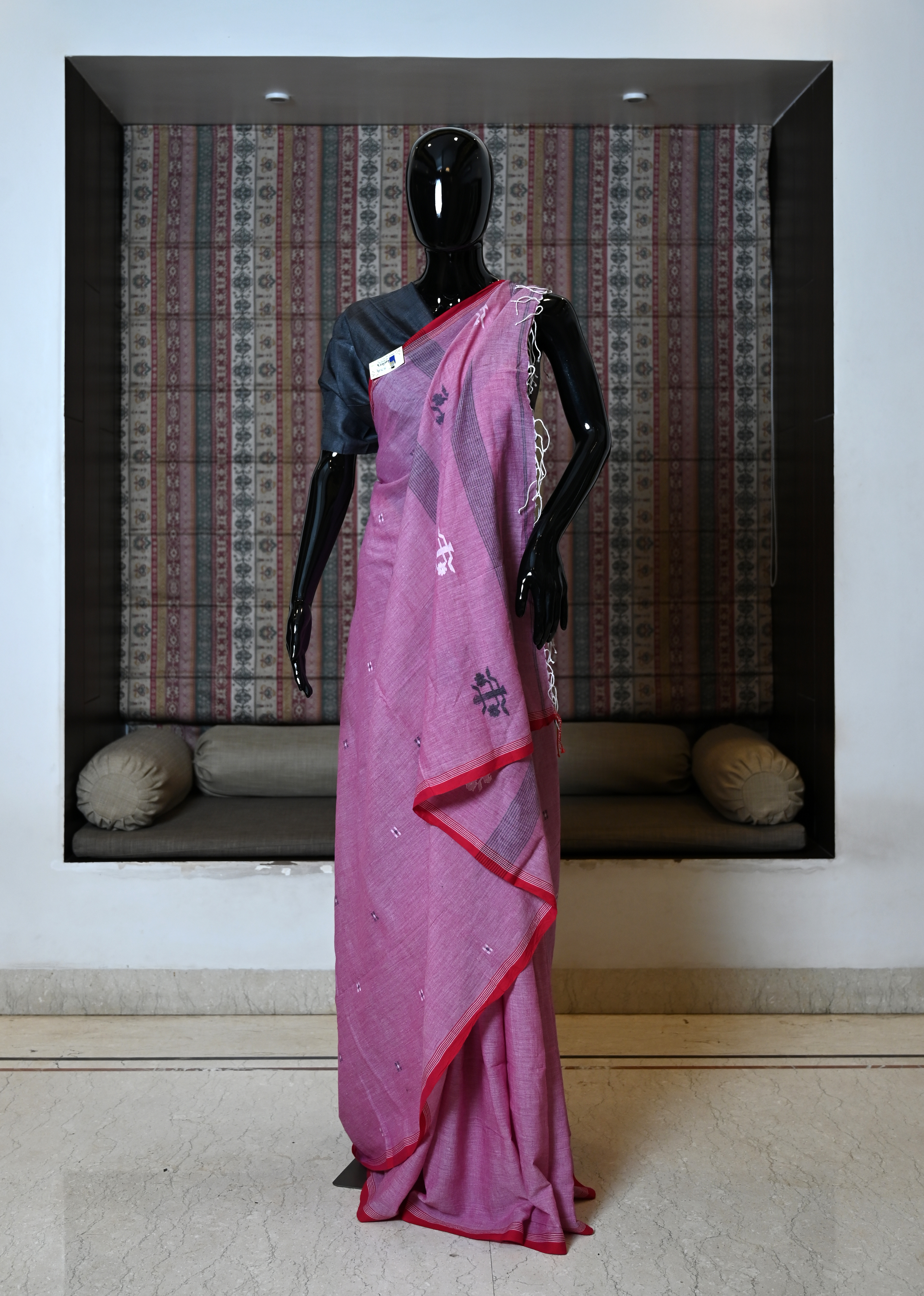 Pure Hand Woven Bengal Cotton Saree With Red Border And Jamdani Work Weaving