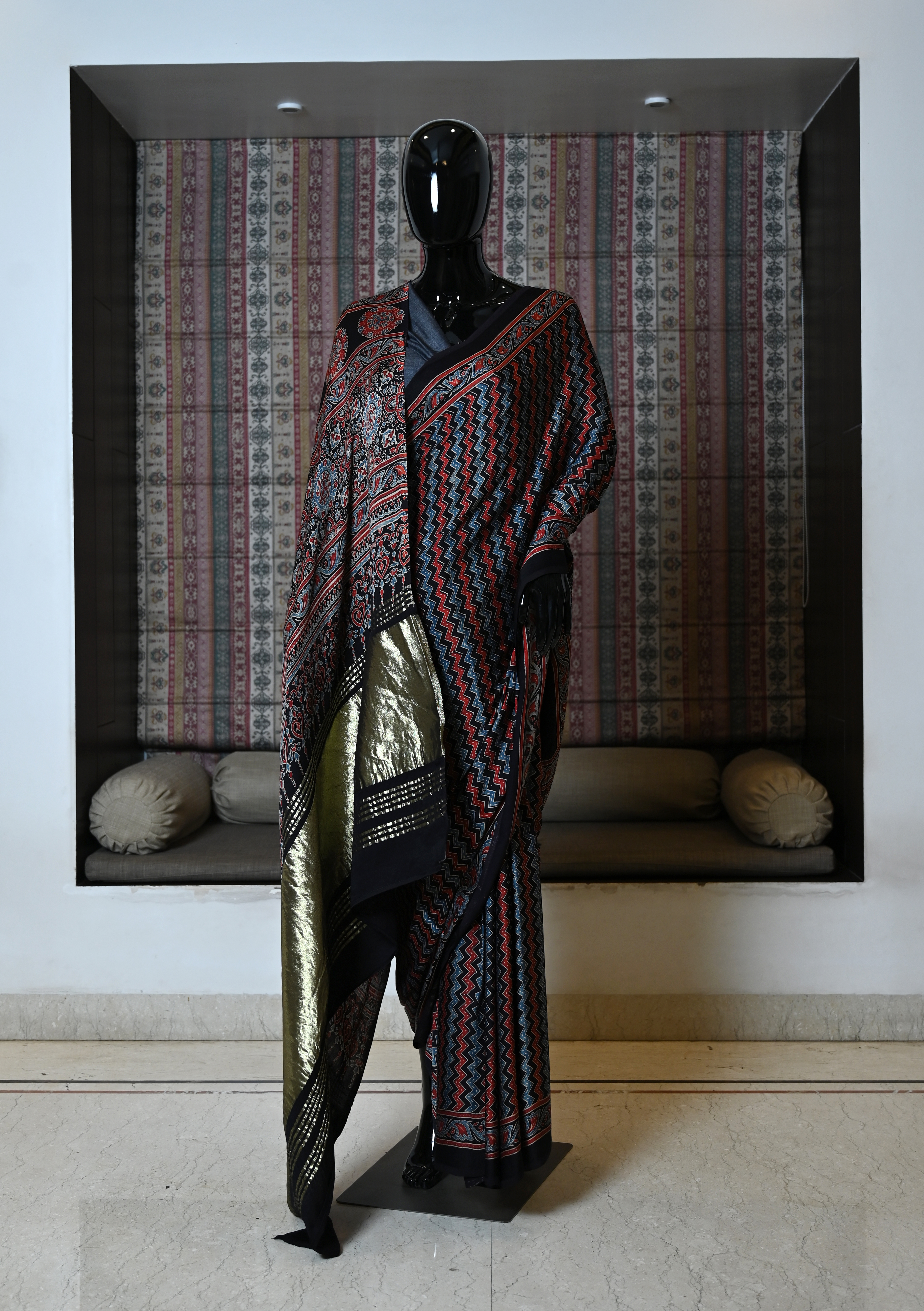 Pure model silk saree with Zari work border and Ajrakh work