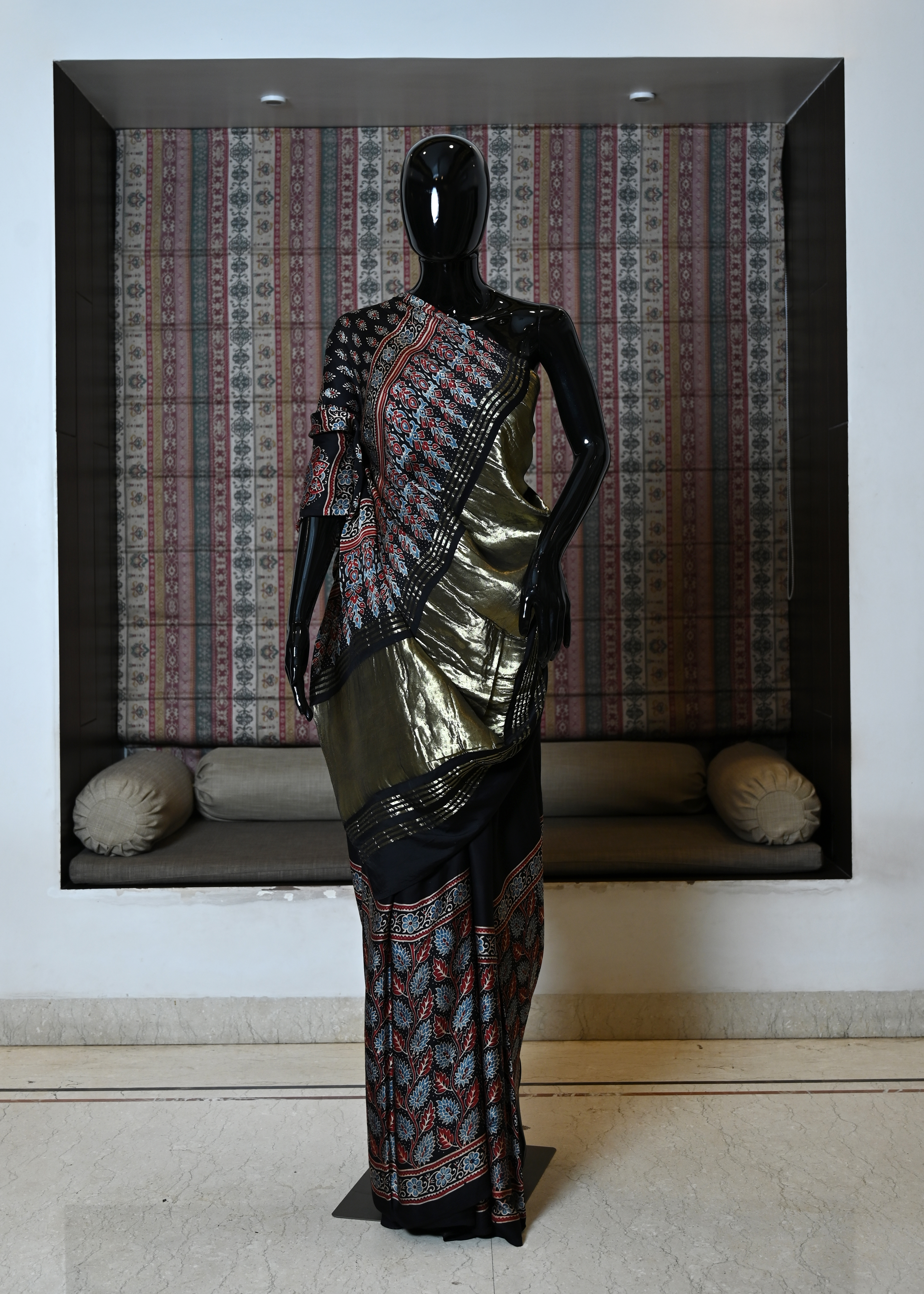 Pure model silk saree with Zari work border and Ajrakh work