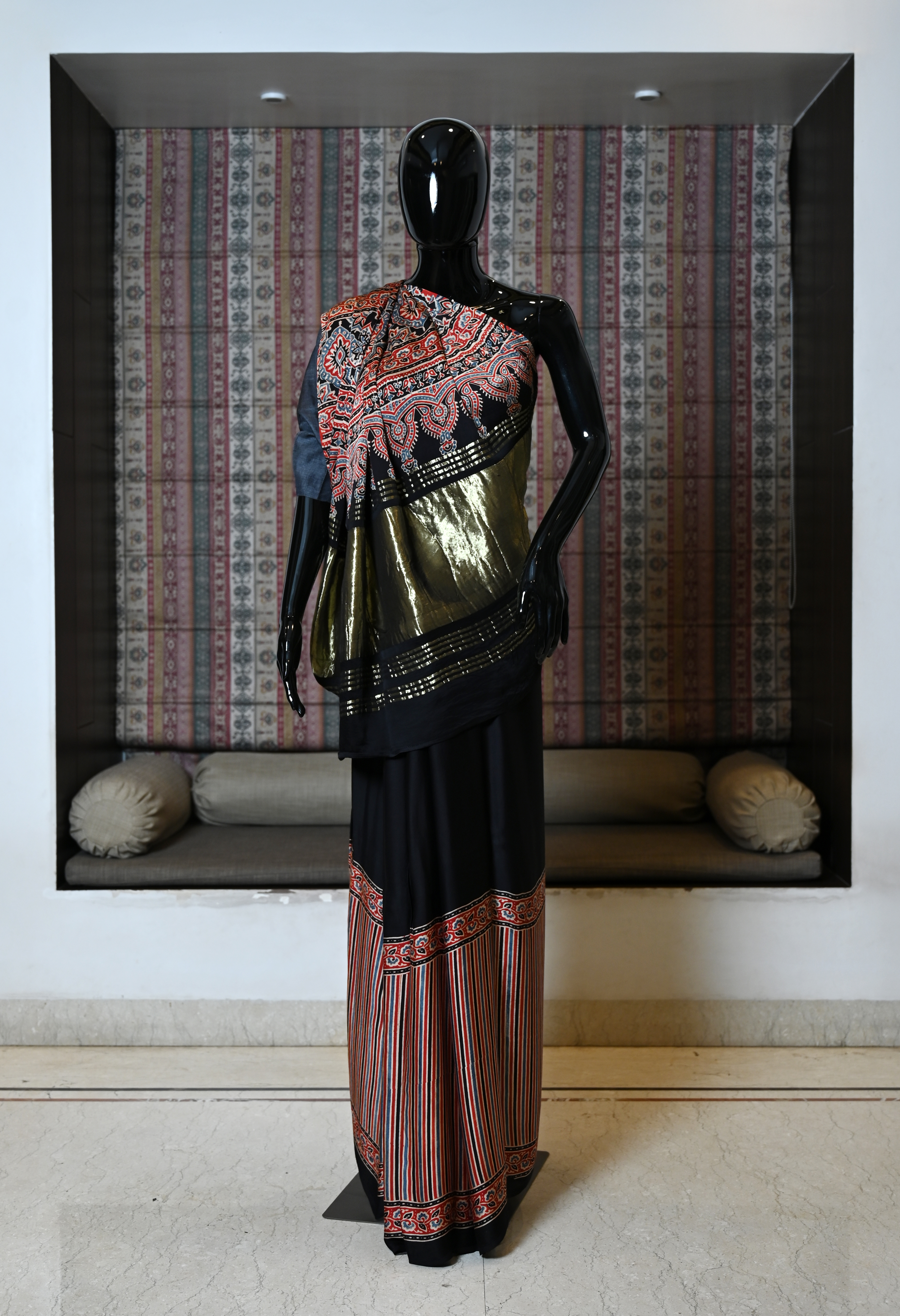 Pure model silk saree with Zari work border and Ajrakh work