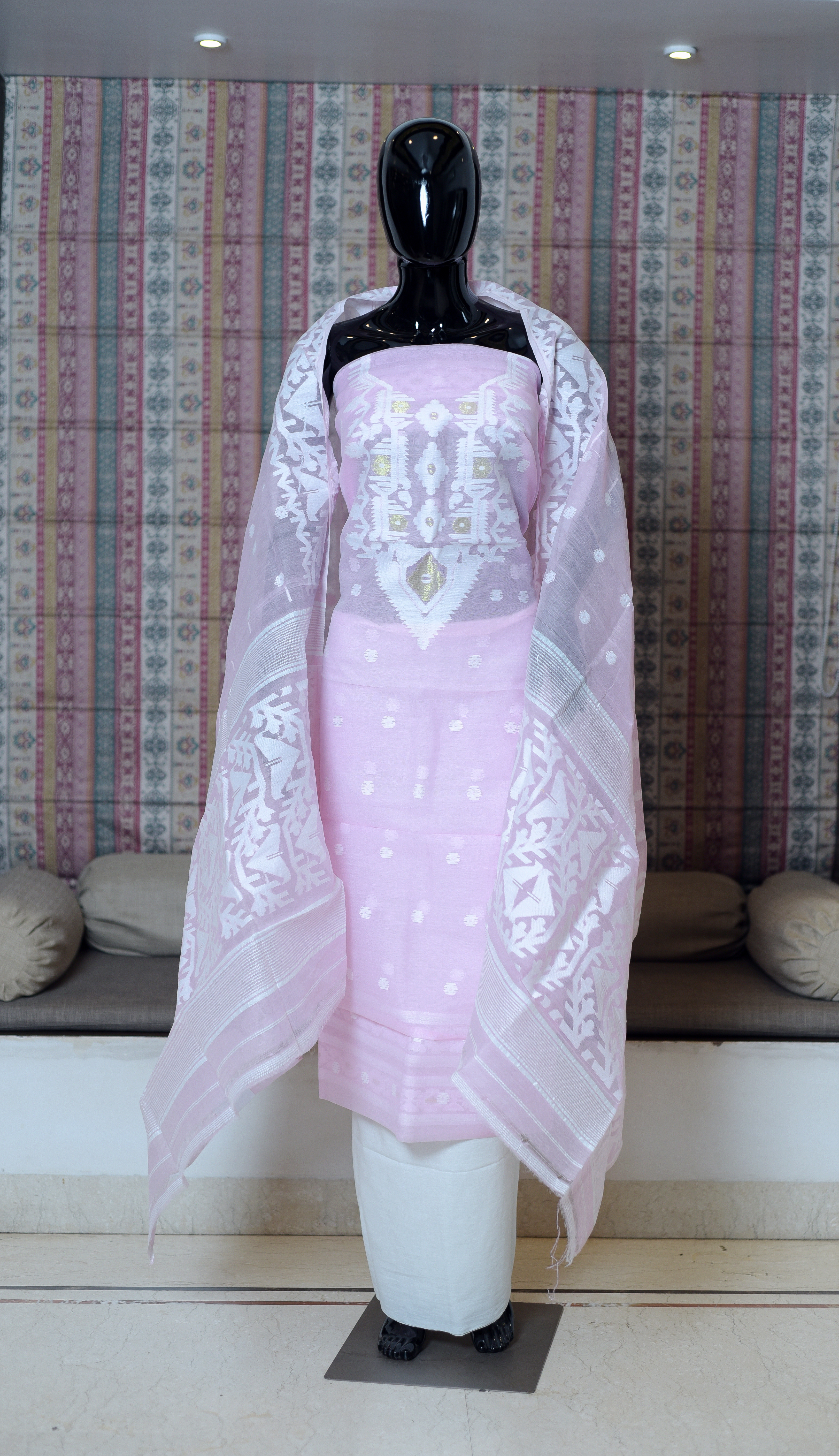 Pure Hand Woven Cotton Salwer Suit Piece Set Of -3 Dhakai Work Weaving