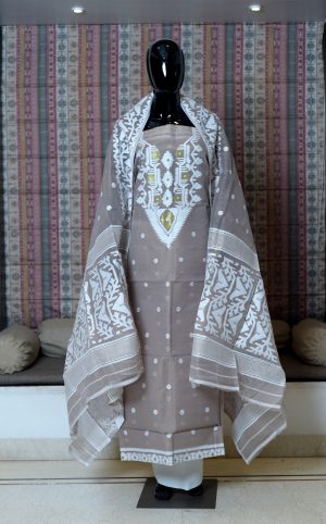 Pure Hand Woven Cotton Salwer Suit Piece Set Of -3 Dhakai Work Weaving