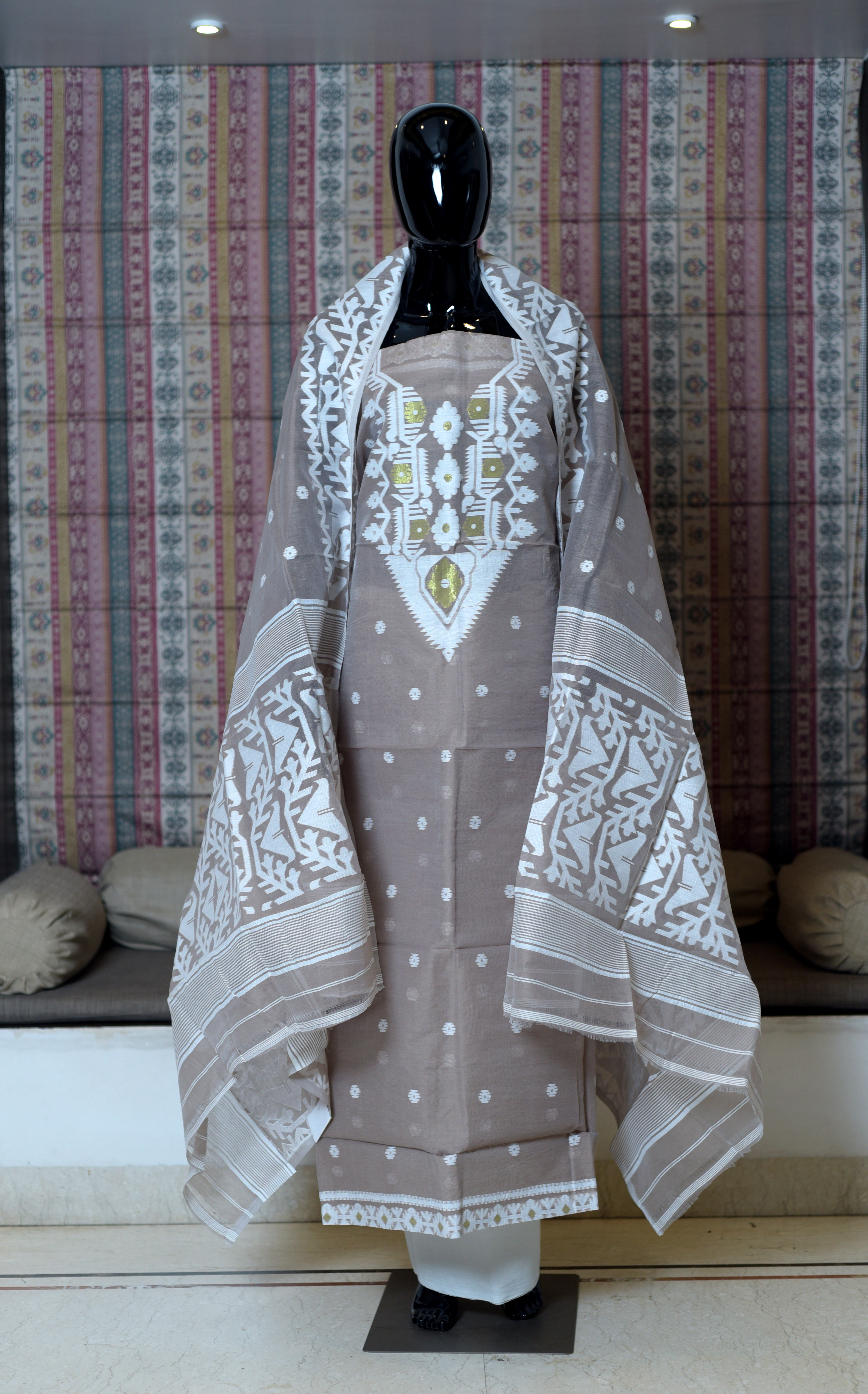 Pure Hand Woven Cotton Salwer Suit Piece Set Of -3 Dhakai Work Weaving